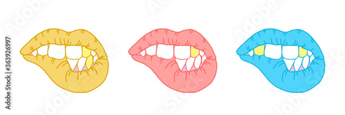 Bright colored sexy lips and teeth on an isolated white background. Beautiful Vecton set for design and print on fabric, stickers, greeting card. Kiss day, oral care and hygiene concept. Golden teeth