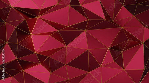 Abstract polygonal pattern luxury dark red with gold. 3d rendering.