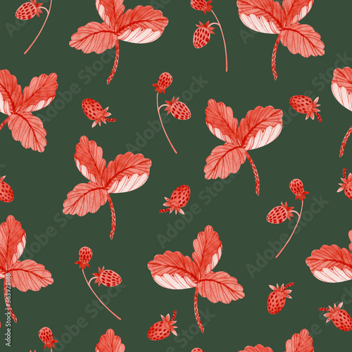 Seamless pattern with strawberries and leaves on a dark background.