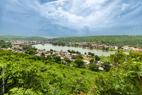 View of Narsinghgarh lake / village, view from Narsinghgarh Fort, Madhya Pradesh, India.