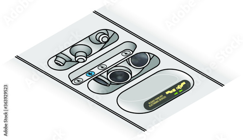 Overhead seat controls of a commercial aircraft - air conditioning nozzles, reading lamps, 'Please Turn Off Electronic Devices' and seat belt on signs. Three seats.