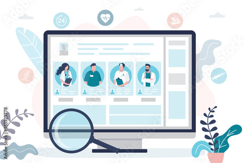 Computer monitor screen with doctors profiles and portraits. Concept of medical services and healthcare.