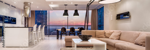 Luxury decorated apartment during sunset, panorama