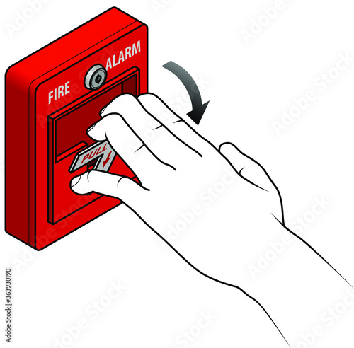 Fire alarm switch.Break glass and press button to activate. With hand and direction arrow.