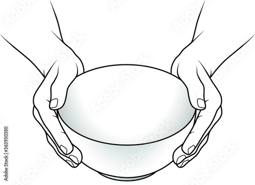 Hands holding a small white ceramic bowl.