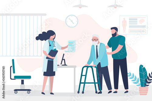 Help for elderly people. Volunteer or son brought grandfather to doctor’s appointment.