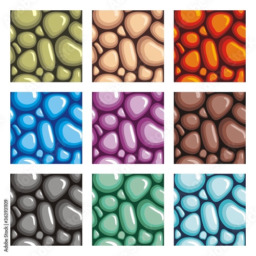 collection of stones texture seamless pattern in diverse colour, in cartoon vector style