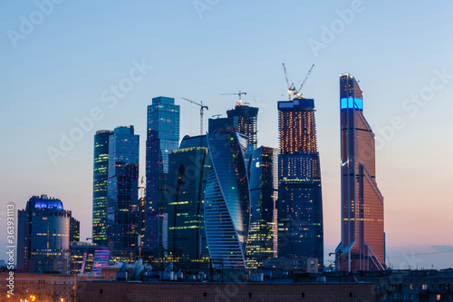 Skyscrapers Moscow City at sunset during construction