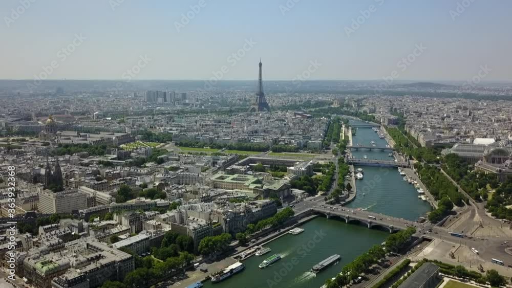 AERIAL: Over Paris Old Town and Park looking towards Eiffel Tower, Summer, Daylight AERIAL: Over Paris Old Town and Park looking towards Eiffel Tower, Summer, Daylight