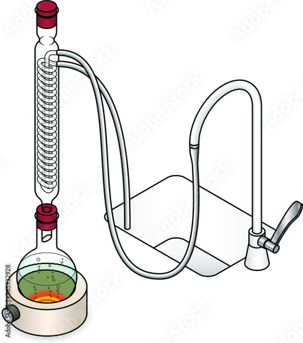 Laboratory setup for reflux reactions. With a Dimroth condenser. Round bottom flask.