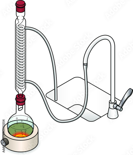 Laboratory setup for reflux reactions. With a Graham condenser. Round bottom flask.
