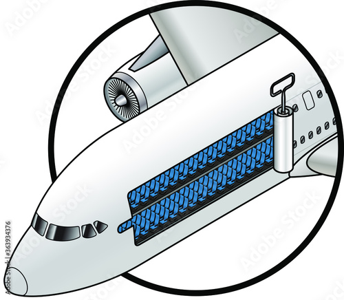 Concept of a commercial aircraft as a sardine can. The fuselage is opened like a sardine can to reveal tightly packed rows of seats.