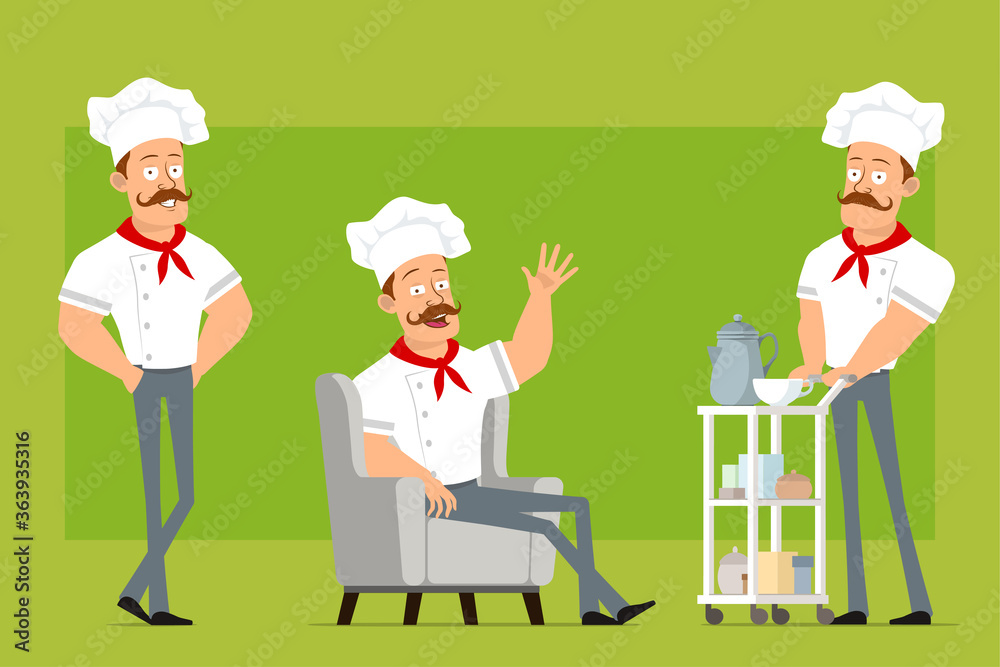Cartoon flat strong chef cook man character in white uniform and baker hat. Boy resting on sofa and walking with coffee hotel table. Ready for animation. Isolated on olive background. Vector icon set. Cartoon flat strong chef cook man character in white uniform and baker hat. Boy resting on sofa and walking with coffee hotel table. Ready for animation. Isolated on olive background. Vector icon set.