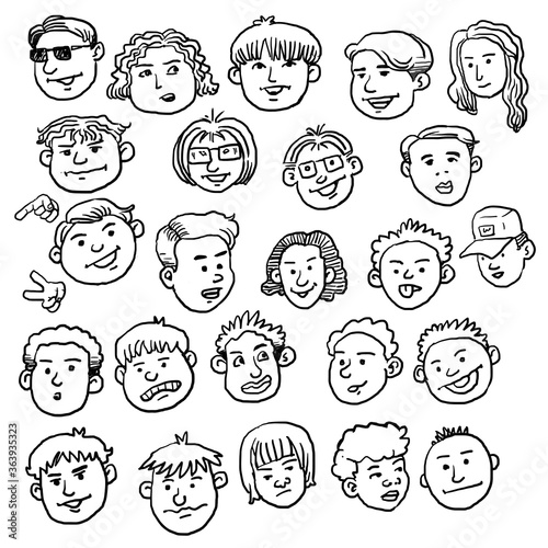 Cartoon faces collection. Black and white drawing.