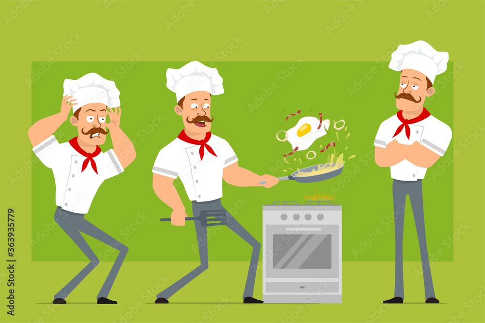 Cartoon flat funny strong chef cook man character in white uniform and baker hat. Boy scared and cooking fried egg with bacon. Ready for animation. Isolated on olive background. Vector icon set. Cartoon flat funny strong chef cook man character in white uniform and baker hat. Boy scared and cooking fried egg with bacon. Ready for animation. Isolated on olive background. Vector icon set.