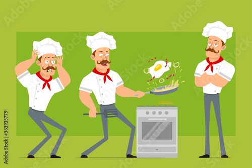 Cartoon flat funny strong chef cook man character in white uniform and baker hat. Boy scared and cooking fried egg with bacon. Ready for animation. Isolated on olive background. Vector icon set.