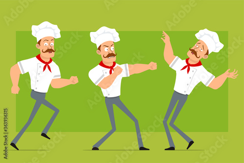 Cartoon flat funny strong chef cook man character in white uniform and baker hat. Boy running, fighting and falling down. Ready for animation. Isolated on olive background. Vector icon set.
