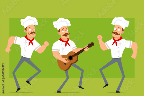 Cartoon flat funny strong chef cook man character in white uniform and baker hat. Boy jumping, dancing and playing rock on guitar. Ready for animation. Isolated on olive background. Vector icon set.