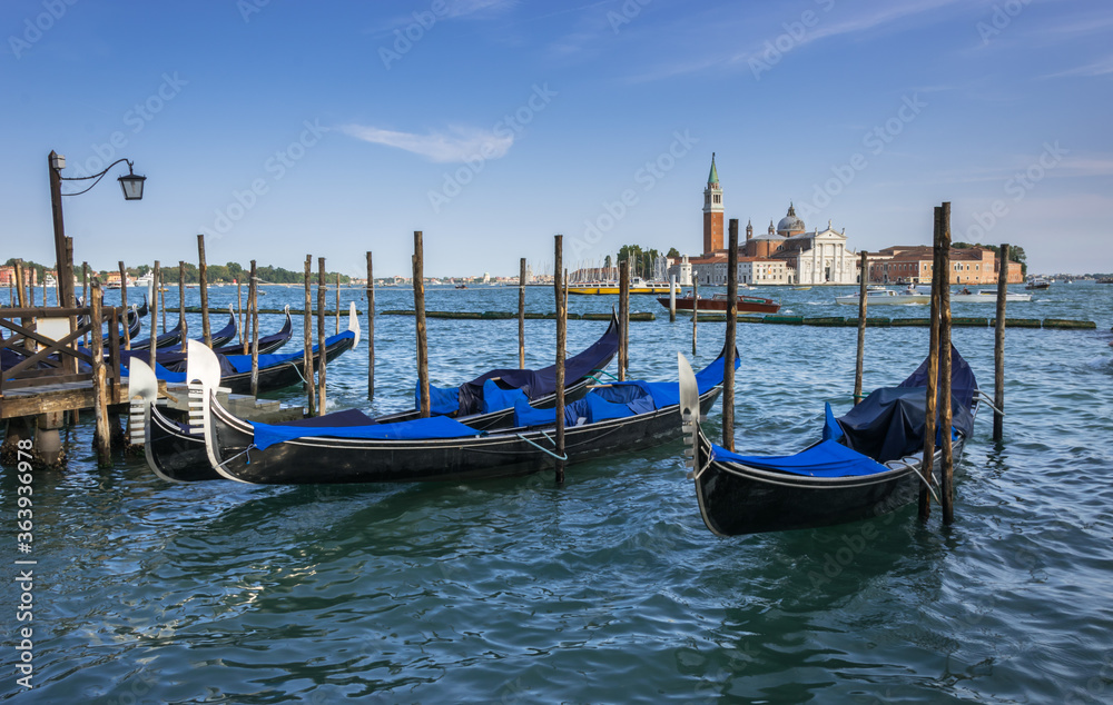 Gondolas in the lagoone at the St Mark's Square in Venice, Italy