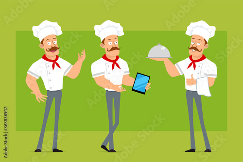 Cartoon flat funny strong chef cook man character in white uniform and baker hat. Boy holding metal tray and showing new smart tablet. Ready for animation. Isolated on olive background. Vector set.
