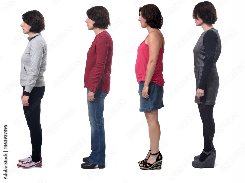 Obraz premium woman dressed in different outfits like sportswear, blue jeans, dress and skirt on white background