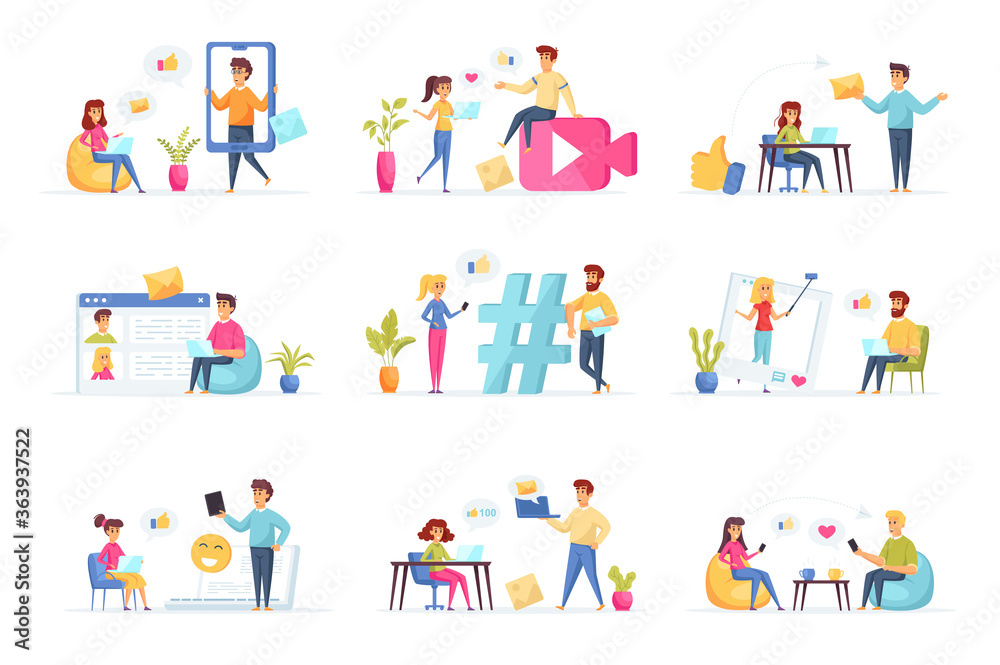 Social media bundle with people characters. People online communication and messaging with digital devices situations. Social media chatting, emailing and video streaming flat vector illustration