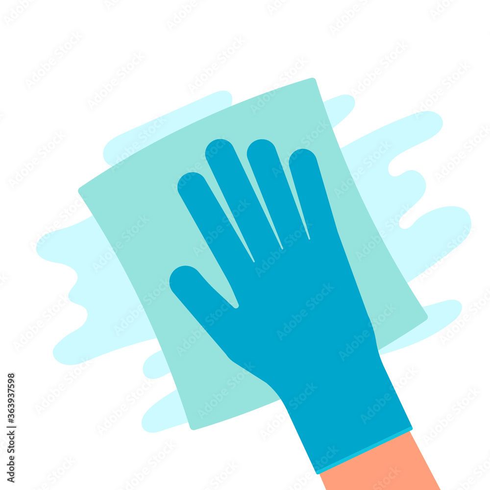 Clean napkin in hand with gloves. Cleaning surface rag. Wipe with cloth. Antibacterial disinfection, hygiene. Work at home. Vector illustration Clean napkin in hand with gloves. Cleaning surface rag. Wipe with cloth. Antibacterial disinfection, hygiene. Work at home. Vector illustration