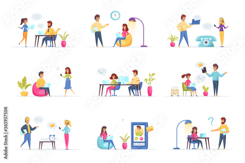 Support service scenes bundle with people characters. Customer support operator with hands-free headset working situations. Online consultation and assistance in call center flat vector illustration.