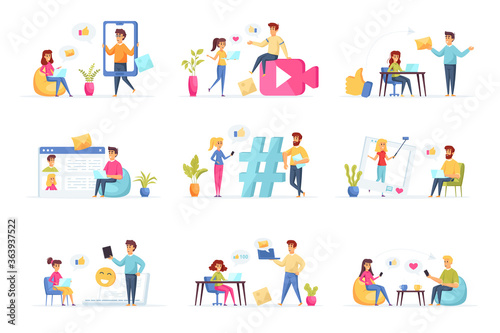 Social media bundle with people characters. People online communication and messaging with digital devices situations. Social media chatting, emailing and video streaming flat vector illustration © alexdndz