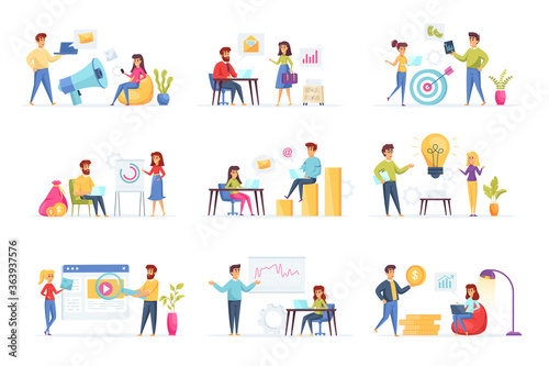 Marketing strategy bundle with people characters. Marketing department teamwork, research and presentation in office situations. Social media and digital content marketing flat vector illustration.