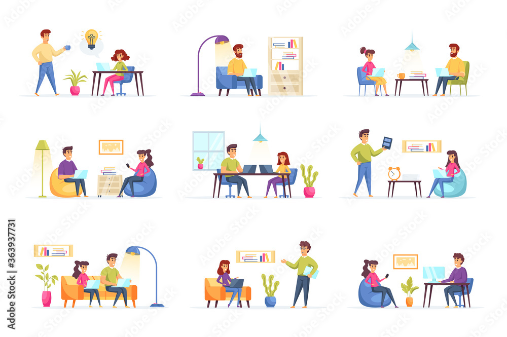 Freelance work scenes bundle with people characters. Freelancers working and communicate at comfortable workspace situations. Distance working, self-employed occupation flat vector illustration.