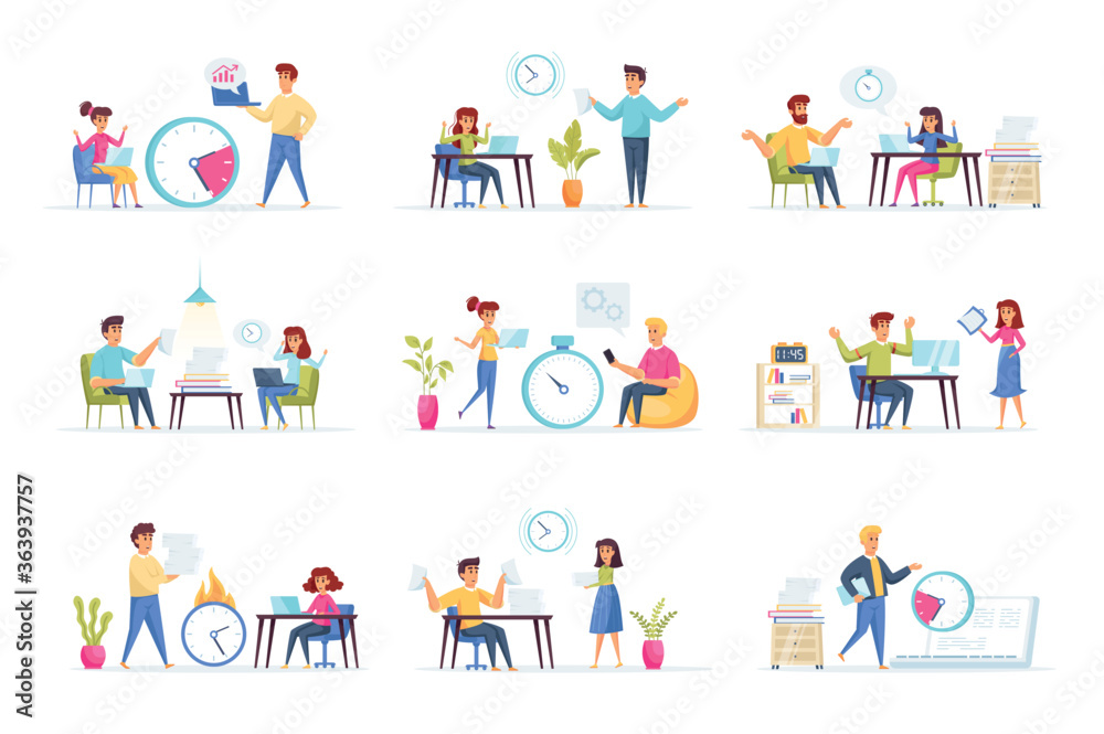 Fototapeta premium Deadline scenes bundle with people characters. Tired employees hurrying up on project deadline, stressful situation and overtime work. Time management and work effectivity flat vector illustration.