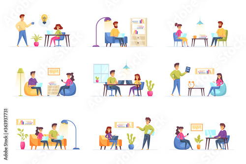 Freelance work scenes bundle with people characters. Freelancers working and communicate at comfortable workspace situations. Distance working  self-employed occupation flat vector illustration.