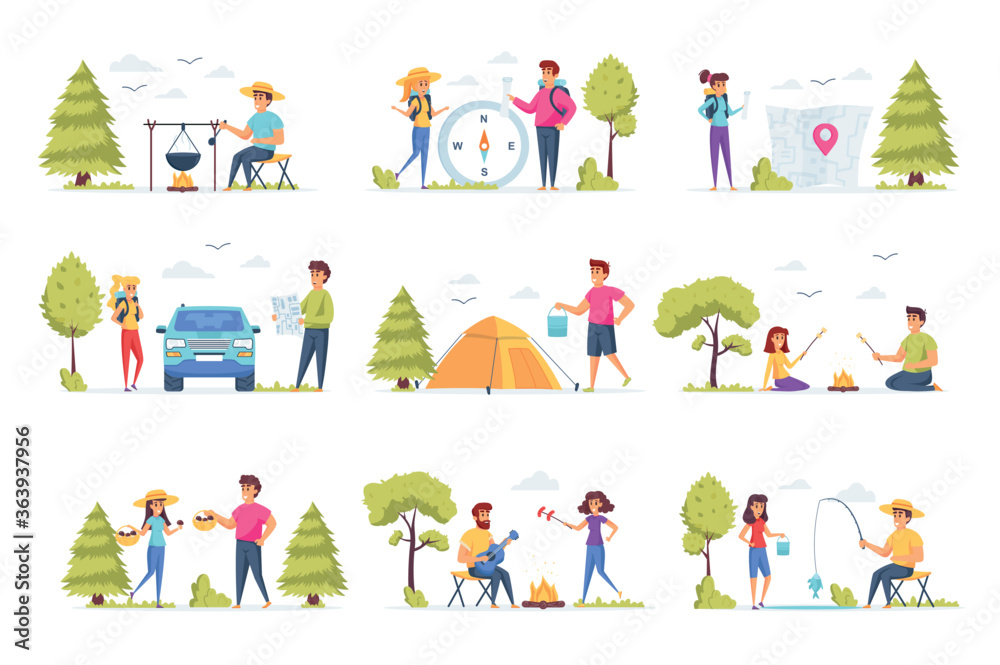 Fototapeta premium Camping scenes bundle with people characters. Mushroom hunting, traveling with camping tent, play guitar and sausage roasting on campfire, fishing situations. Summer camping flat vector illustration.