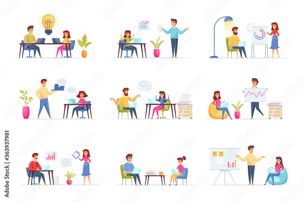 Business meeting scenes bundle with people characters. Negotiation of partners, manager making presentation, teamwork of colleagues in office situations. Corporate partnership flat vector illustration