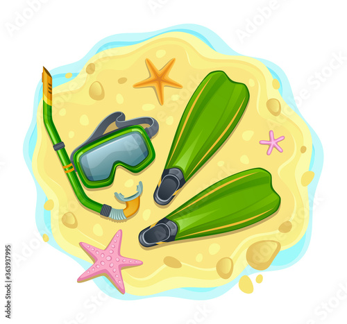 Fins and mask for diving on the beach