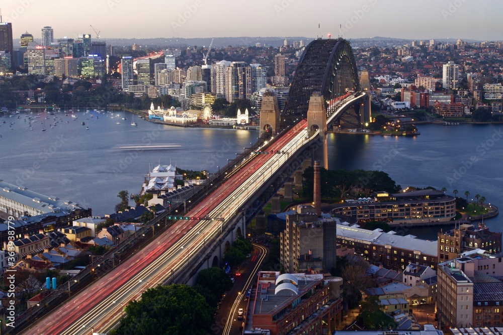 Naklejka premium aerial view of Sydney harbor bridge at dusk, Australia