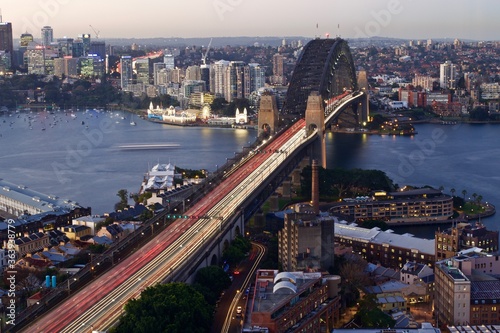 aerial view of Sydney harbor bridge at dusk, Australia 