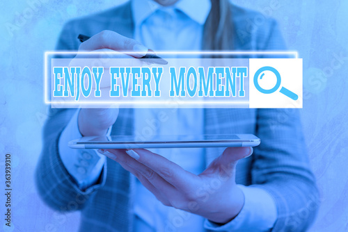 Text sign showing Enjoy Every Moment. Business photo showcasing stay positive thinking for an individualal development Web search digital information futuristic technology network connection photo