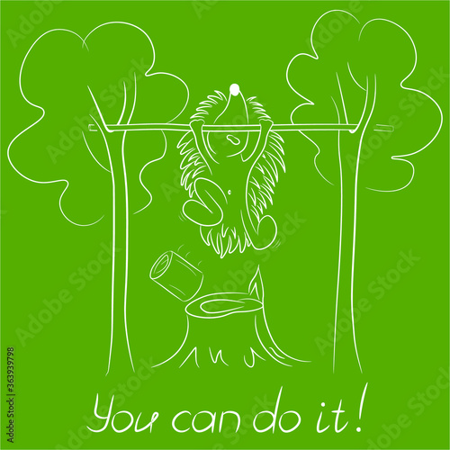 You can do it! Cute hedgehog pulls up. Print for T-shirts, hoodies, design cards. . Vector.