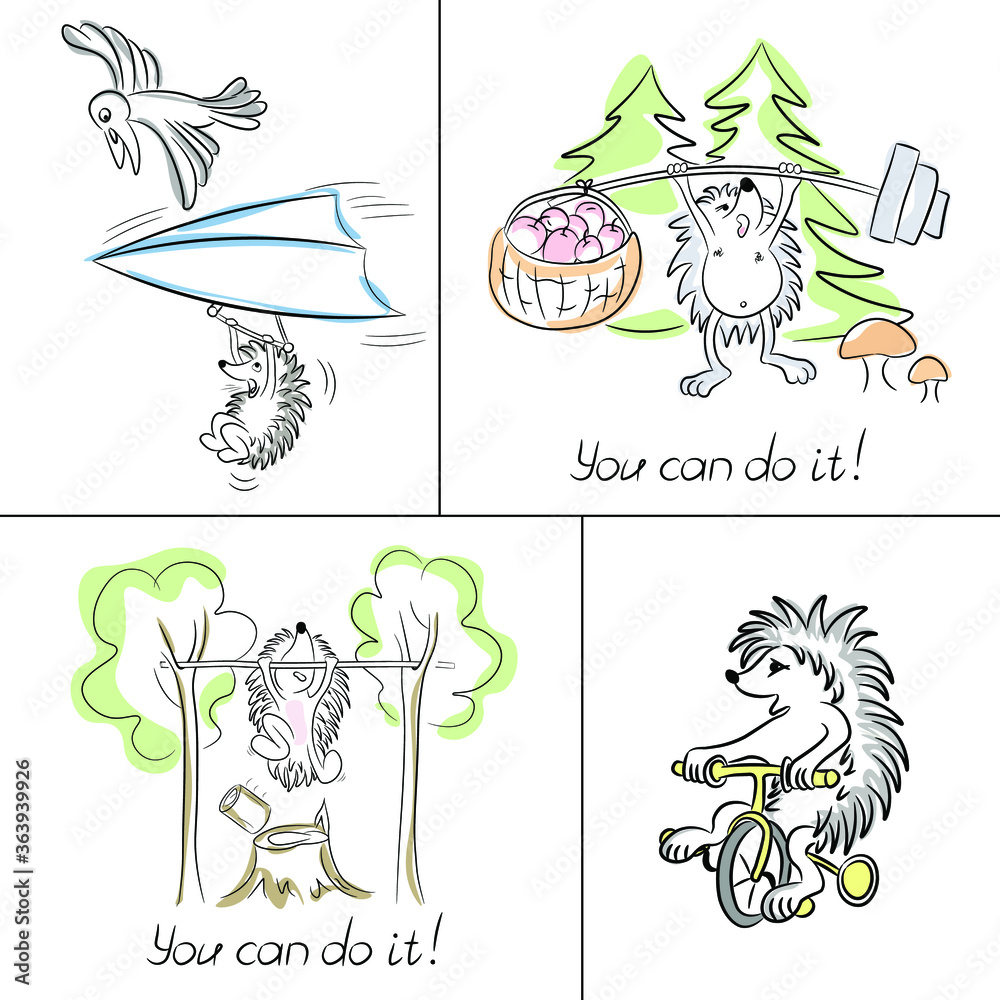 Obraz premium Do not be afraid of anything! Cute hedgehog flies on a paper plane. Printing on t-shirts, sweatshirts, designer cards. motivational text. Vector.