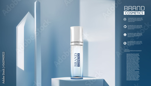 glass  bottle with original essence isolated on blue background. Beautiful flyer or banner for cosmetic ads. Blue cosmetic premium dropper. Makeup products brand. 3D illustration.