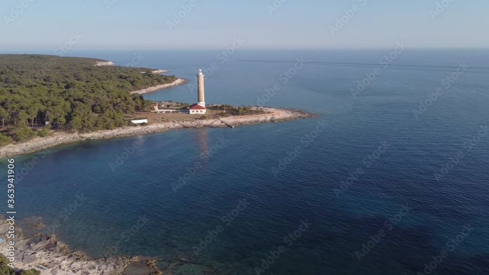 Panoramic aerial view of famous lighthouse Veli Rat with shoreline on island Dugi Otok, Croatia Panoramic aerial view of famous lighthouse Veli Rat with shoreline on island Dugi Otok, Croatia
