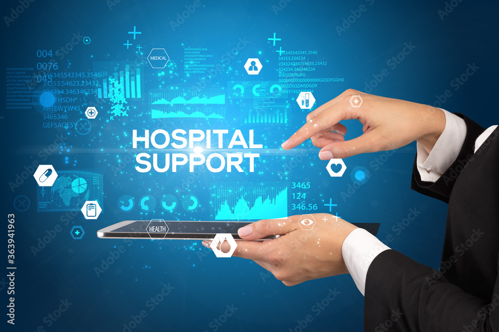 Close-up of a touchscreen with HOSPITAL SUPPORT inscription, medical concept Close-up of a touchscreen with HOSPITAL SUPPORT inscription, medical concept