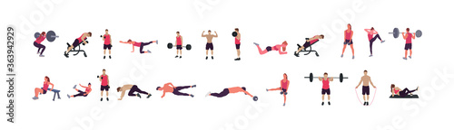 Man and woman gym set. Workout flat illustration collection - Vector