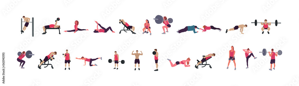 Man and woman gym set. Workout flat illustration collection - Vector