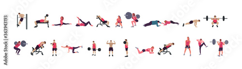 Man and woman gym set. Workout flat illustration collection - Vector