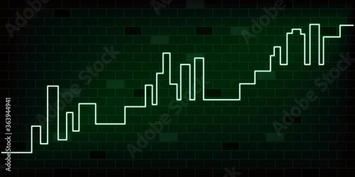Concept of  real estate business and properties market price growth. Design by green neon light look like chart of value rising up with homes and condiminium buildings on black brick wall. Vector