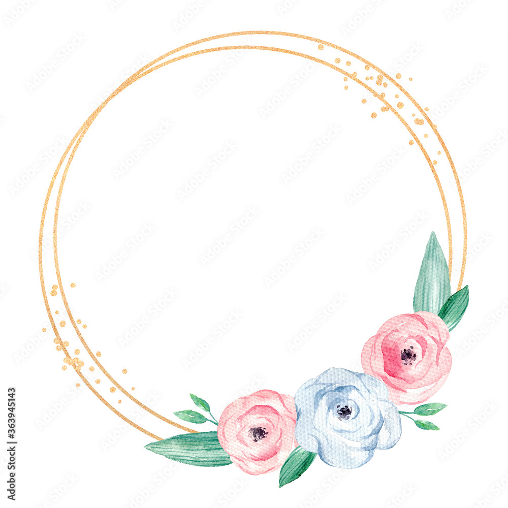 Watercolor geometric frame in circle shape with pastel flowers and leaves. Elegant illustration with place for text. Gold glitter line art. Template for invitation, wedding or greeting cards. Watercolor geometric frame in circle shape with pastel flowers and leaves. Elegant illustration with place for text. Gold glitter line art. Template for invitation, wedding or greeting cards.