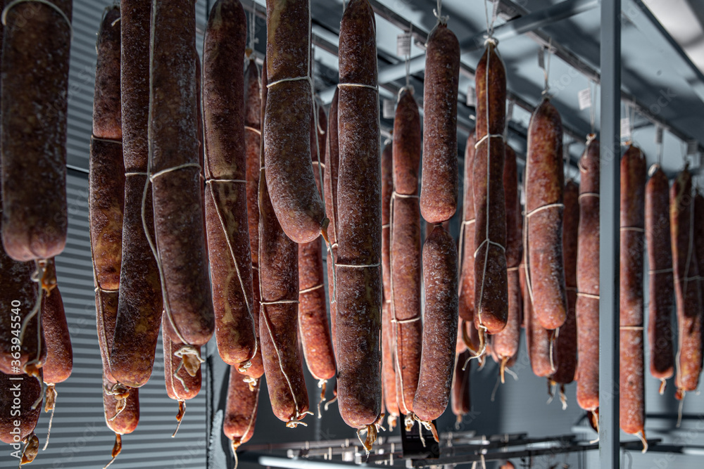 Salami hanging in the warehouse